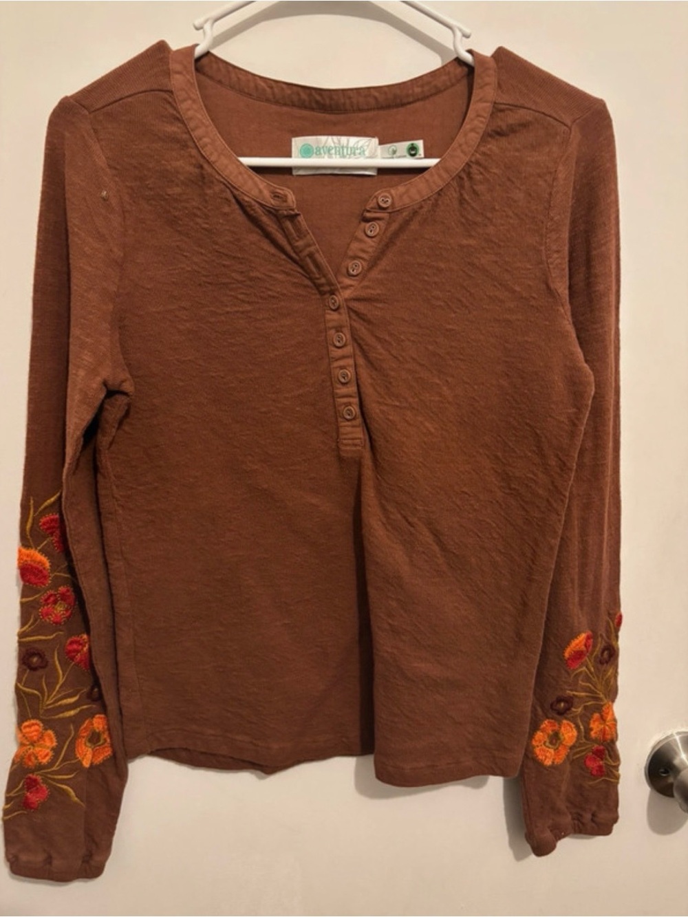 Aventura Rust Brown Henley Top with Button Placket